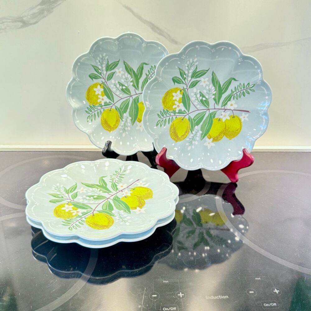 Laura Ashley Lemon Floral Scalloped Melamine Plates Set of 4 Blue